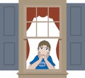 Sad boy leaning in window sill Royalty Free Stock Photo