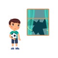 Sad boy with a soccer ball and a broken window. Little bully. Child psychology Royalty Free Stock Photo