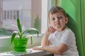 Sad boy wants to walk on the street, the child sits near the window and looks at him sadly. Quarantine self-isolation due to Royalty Free Stock Photo