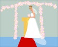 Sad bride in white wedding dress and pink flowers. Illustration of difficult wedding situation