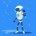 Sad Brocken Robot On Rain Vector. Isolated Illustration