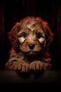 Sad brown puppy. Black background. brown fur.