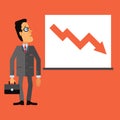 Sad business man look at a chart or graph. Down arrow, representing the drop in business. Royalty Free Stock Photo