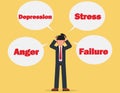 Sad business man overburdened by stress, depression, anger, failure. Entrepreneur business person negative emotions burden nd