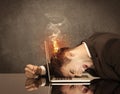 Sad business person`s head catching fire Royalty Free Stock Photo