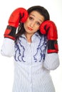 Sad business woman with boxing gloves Royalty Free Stock Photo