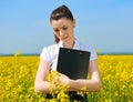 Sad business woman in flower field outdoor with clipboard. Young girl in yellow rapeseed field. Beautiful spring landscape, bright Royalty Free Stock Photo