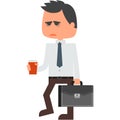 Sad businessman with briefcase and morning coffee vector