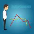 Sad businessman looking at falling chart on the blue background. Business concept Royalty Free Stock Photo