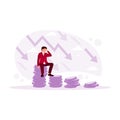 Sad businessman sitting on a pile of coins with a downward arrow. Financial Instability concept.