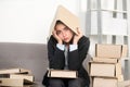 Sad busy secretary with folder on head, stressed overworked business woman too much work, office problem. Tired stressed Royalty Free Stock Photo