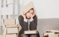 Sad busy secretary with folder on head, stressed overworked business woman too much work, office problem. Tired stressed Royalty Free Stock Photo
