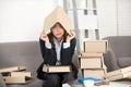 Sad busy secretary with many folders of documents, stressed overworked business woman too much work, office problem Royalty Free Stock Photo