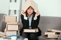 Sad busy secretary with many folders of documents, stressed overworked business woman too much work, office problem Royalty Free Stock Photo