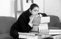 Sad busy secretary, stressed overworked business woman and folders with the documents too much work, office problem Royalty Free Stock Photo