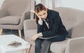 Sad busy secretary, stressed overworked business woman too much work, office problem. Tired stressed employee at Royalty Free Stock Photo