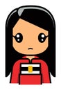 Sad cartoon girl with long black hair, red dress, holding a book. Disappointed young female character with a book vector