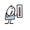 Sad cartoon man holds a large thermometer and looks at the low temperature. Vector illustration of a stickman frozen