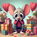 A sad cartoon mouse surrounded by unwrapped gifts and balloons