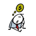 Sad cartoon stickman businessman sits on the ground and thinks about money. Vector illustration of a loser who lost Royalty Free Stock Photo