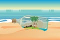 A sad castaway man stranded on an island in the middle of the ocean inside of the bottle Royalty Free Stock Photo