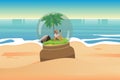 A sad castaway man stranded on an island in the middle of the ocean inside of the crystal ball Royalty Free Stock Photo