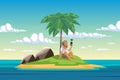 A sad castaway man, stranded on an island in the middle of the ocean with no phone signal Royalty Free Stock Photo