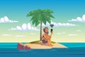 A sad castaway man, stranded on an island in the middle of the ocean with no phone signal Royalty Free Stock Photo