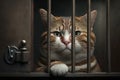 Sad cat in jail sits behind a metal bars and looks at the camera illustration generative ai Royalty Free Stock Photo