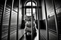 Sad cat in jail sits behind a metal bars and looks at the camera illustration generative ai Royalty Free Stock Photo