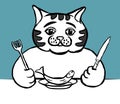 A sad cat with a knife and fork in its paws sits in front of a plate with a small fish.