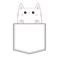 Sad cat in the pocket. Paw print hand. Doodle linear sketch. Pink cheeks. Cute cartoon pet animals. Kitten kitty character. T-shir