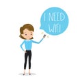 Sad caucasian girl with smartphone,speech bubble with text-I need Wi Fi