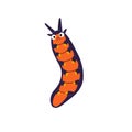 Sad centipede character with colourful red belly. Adorable caterpillar with shocked facial expression. Cute upset