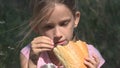 Sad Child in Abandoned House Depressed Stray Girl, Homeless Kid Eating Bread