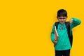 Sad child boy with books in hand and bag on shoulders, hate study concept copy space