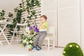 Sad child boy with piece birthday cake Royalty Free Stock Photo