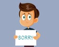 Little Boy Holding a Placard Apologizing Vector Cartoon Illustration Royalty Free Stock Photo