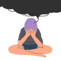 Sad child sits covering his face with his hands. Black cloud of depressive thoughts