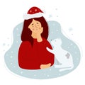 Sad Christmas. lonely girl in a Santa Claus hat with a cat. Vector illustration. Character for the concept of sad Royalty Free Stock Photo