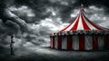 Sad clown stands next to the red and white circus tent, dark clouds in the background,