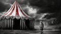 Sad clown stands next to the red and white circus tent, dark clouds in the background,