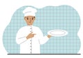 A sad cook in a cap holds an empty plate in his palm. Vector