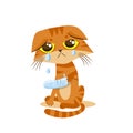 Sad Crying Cat. Cartoon Vector Illustration. Splinting Leg.