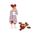 Sad crying child in bad whining mood. Weeping sobbing girl in tears with broken toy, torn teddy bear. Kid and childish Royalty Free Stock Photo