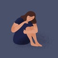 Sad crying lonely young woman sitting on floor. Depressed unhappy girl. Female character in depression, sorrow, sadness Royalty Free Stock Photo