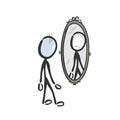 Sad crying man looking in mirror. Vector simple low self esteem reflection in the mirror. Stickman no face clipart cartoon. Hand