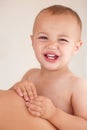 Sad, crying and portrait of boy baby by his mom with unhappy, upset and naughty personality. Tired, annoyed and face of Royalty Free Stock Photo