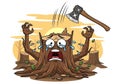 Sad crying tree stump faces axe attack in deforestation Royalty Free Stock Photo