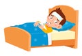 sad cute kid boy lay in bed sick Royalty Free Stock Photo